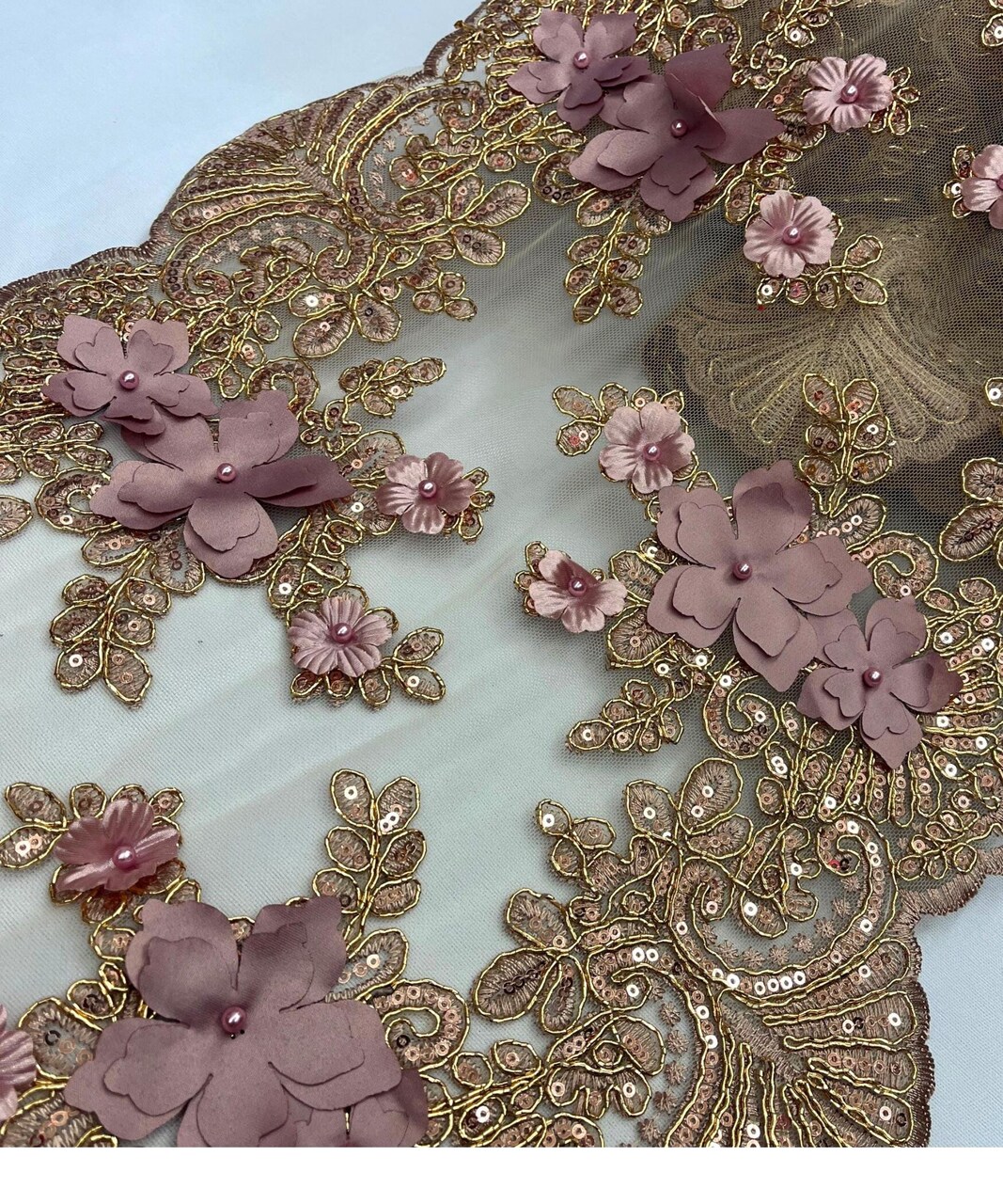 Rose Gold 3D Wide Floral Sequin & Mesh Lace Trim for Table Runner 13"